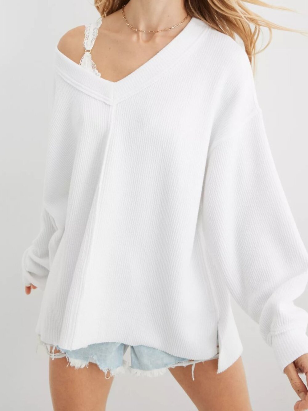 Aerie Wonder Texture V-Neck Oversized Sweatshirt - White - Large Style 3010